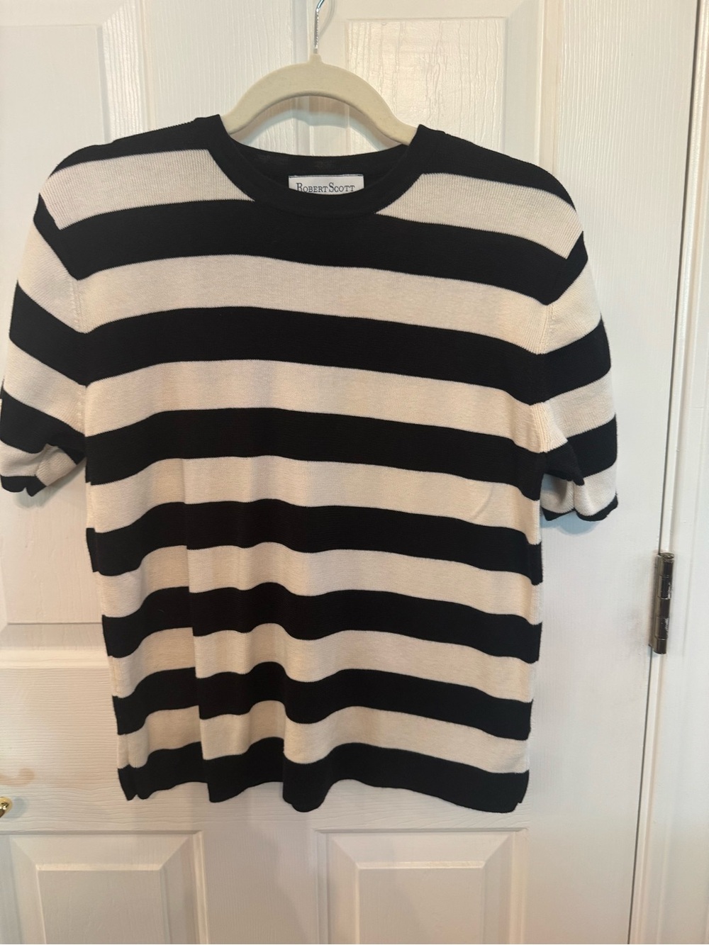 Vintage Robert Scott Striped Short Sleeve Knit Sweater Top Black Cream Size M